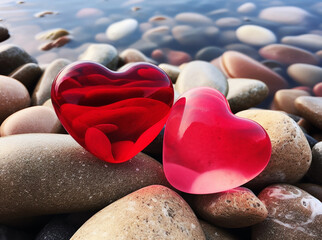 Two red hearts on sea rocks