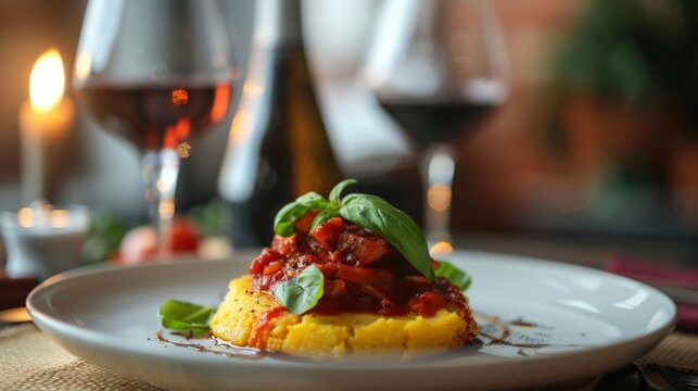 A white plate showcasing various Italian food, paired with a glass of wine