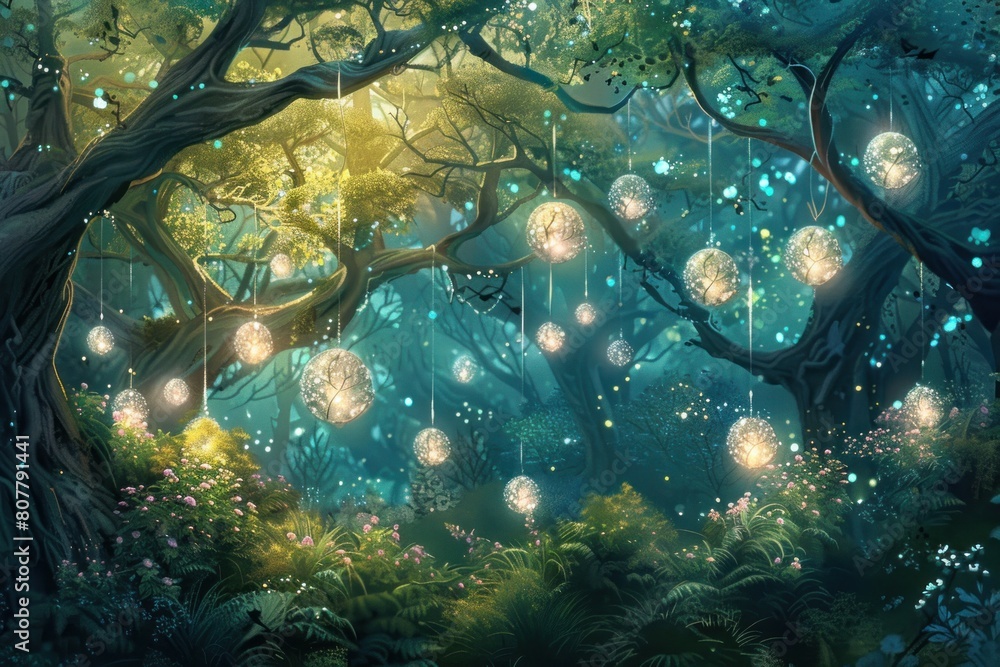 Poster a forest with many trees and lights hanging from them