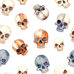 Human skulls seamless watercolor pattern on the white background 