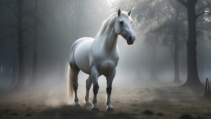 Majestic White Horse: Frontal Portrait with Hazy Background