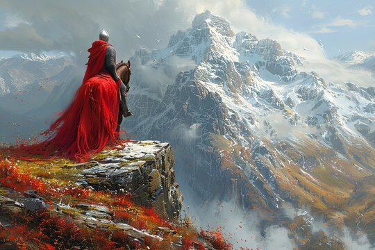 Chain-mail knight on majestic destrier in armored stance.