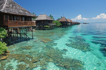 Obraz premium Traditional Coastal Village: Interconnected Wooden Houses on Stilts Over Lagoon