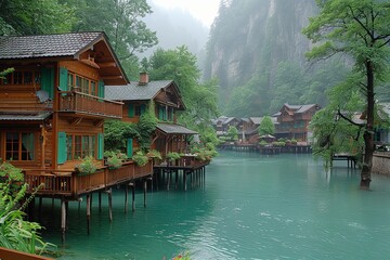Fototapeta premium Traditional Coastal Village: Wooden Houses on Stilts Over Lagoon