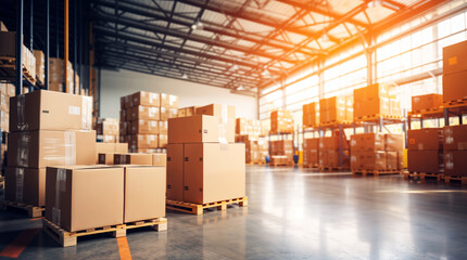 Big logistics warehouse with packed goods, cardboard boxes and pallets, packages ready to be delivered inside a retail product distribution center, background with cartons on shelves, shipping ready