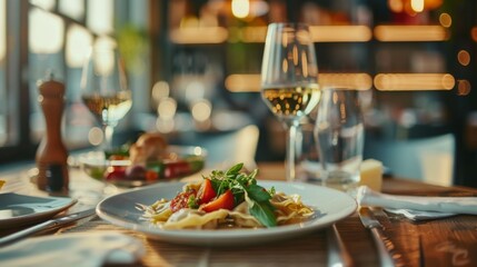 A plate of Italian ravioli with various delicious Italian dishes, accompanied by a glass of red wine, all set on a rustic table - Powered by Adobe