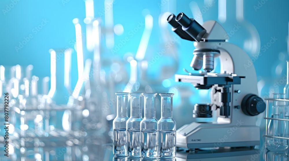 Poster a modern microscope is placed on the table, surrounded by beakers and test tubes with a blue backgro