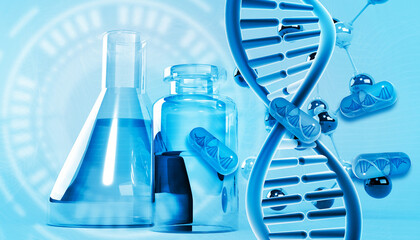 DNA and pills with chemistry flask and equipment. 3d illustration.