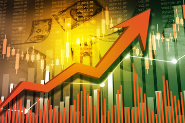 Stock market graph trading analysis. Red arrow graph with candlestick chart. Financial investment concept. 3d illustration.