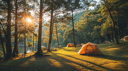 Early morning sun casts long shadows across a peaceful lakeside campsite surrounded by pine trees.