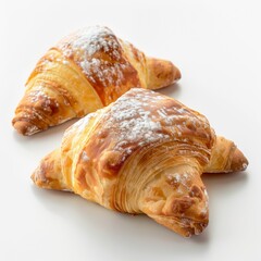 Two croissants dusted with powdered sugar sit side by side on a plate