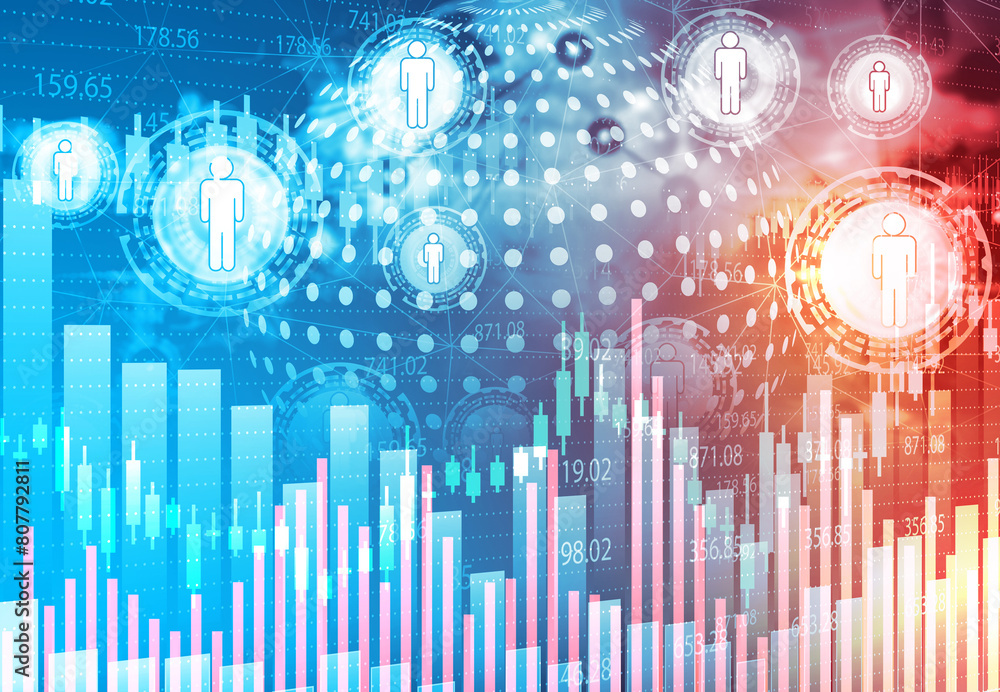 Poster stock market chart background with business network concept. 3d illustration..