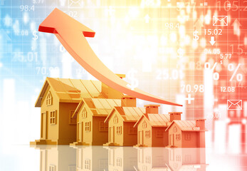 Real estate growth graph chart. House with red arrow graph. 3d illustration.