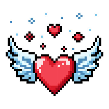 Pixel heart icon with wings. Arcade game icon. 8 bit sign. Abstract red heart.