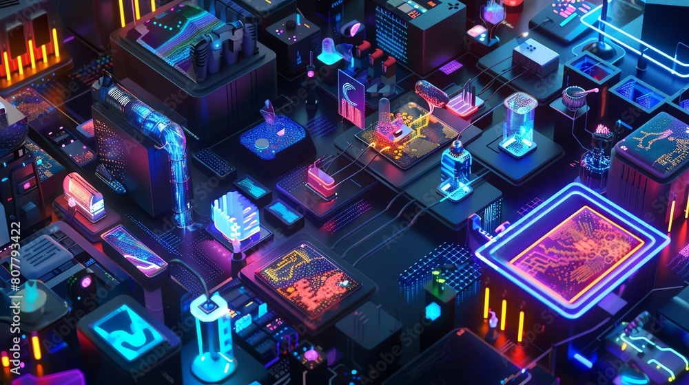 Poster a 3d model of a tech innovation lab, lit entirely by neon and black lights, where various personal t