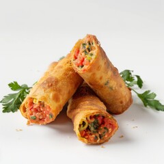 A diverse assortment of vegetable spring rolls arranged in a tempting pile on a white surface