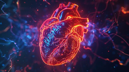 A 3D rendered image of a human heart enhanced with biotechnological implants, glowing under neon lights and a black light background, highlighting the intricate patterns of the tec - Powered by Adobe