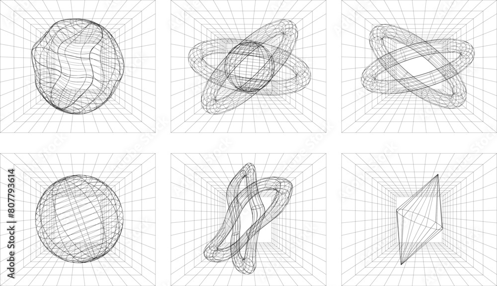 Poster set of geometric wireframe shapes on a transparent background. 3d abstract posters, patterns, cyberp