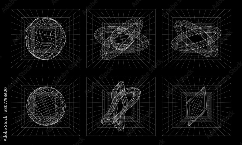 Aufkleber set of geometric wireframe shapes on a black background. 3d abstract posters, patterns, cyberpunk el