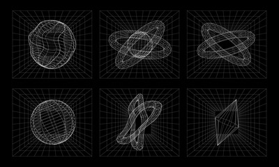 Set of geometric wireframe shapes on a black background. 3D abstract posters, patterns, cyberpunk elements in the trendy Y2k rave style. Vector EPS 10