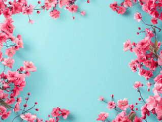 Chic title space mockup with vibrant pink Japanese plum blossoms against a clear blue sky background.