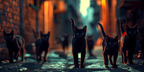   Gang of black cats walking on dark alley at night street and glowing light background , A gang of...