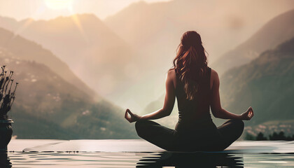Woman practicing yoga during sunrise in a serene mountain landscape
