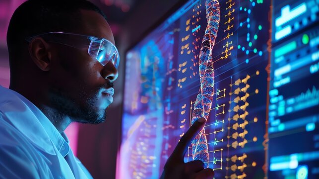 A biotech researcher examining genetic data on a high-resolution screen, with 3D models of DNA strands and analytical tools popping up, all under a black light that reveals additio - Powered by Adobe