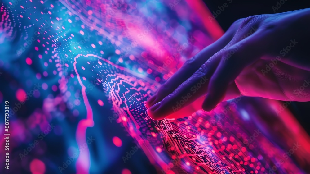 Poster a close-up of a human hand touching a neon interface during a meditation session, where the contact 