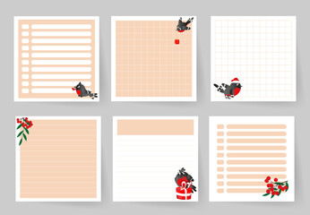 A set of notebook pages with cute bullfinches. Template for planning, to-do list, daily schedule, sheet for notes and other reminders.