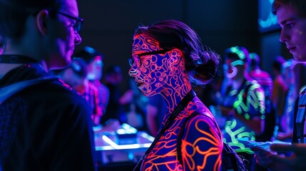 Fototapeta premium A conference for biotech advocacy, lit by neon and black lights, with attendees wearing 3D badges that display their biotech interests, glowing with intricate patterns.