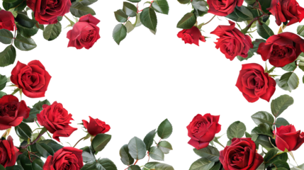 Frame of luxurious red roses in full bloom, with soft petals and green leaves, cut out