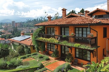 Fototapeta premium Solar-Powered Oasis: Communal Gardens and Green Roofs Define Sustainable Architecture 