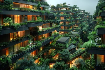 Obraz premium Green Roofs Galore: Solar-Powered Sustainable Architecture in Community Gardens Oasis