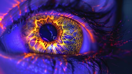 A high-resolution image of a human eye, enhanced with a biotechnological lens, illuminated by neon light under a black light, showcasing intricate 3D patterns on the iris.
