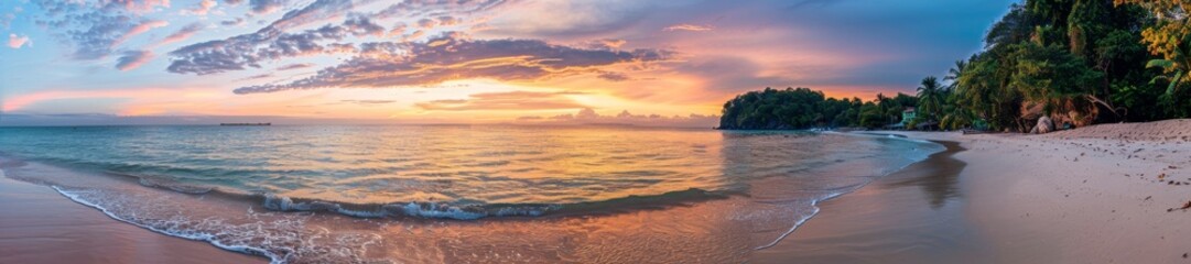 Fototapeta premium Panoramic Tropical Beach Sunset with Vibrant Skies and Serene Waters