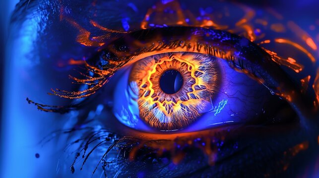 A high-resolution image of a human eye, enhanced with a biotechnological lens, illuminated by neon light under a black light, showcasing intricate 3D patterns on the iris.