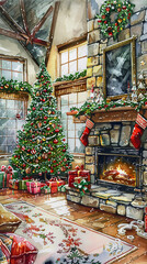 Fototapeta premium Christmas decorations in a cozy living room with a roaring fireplace, stockings hung, and a tree twinkling with lights and ornamentswatercolor