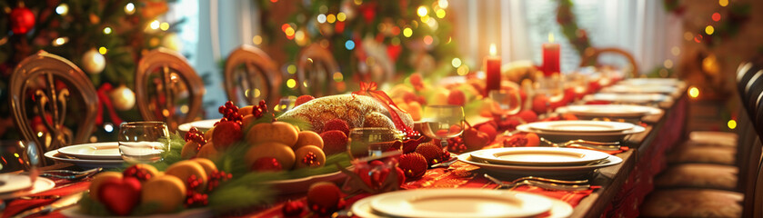Festive season family dinner, a long table set with holiday decor and a feast ready, embodying warmth and togetherness3D vector illustrations