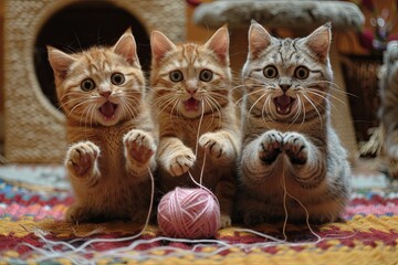 Sharp Clawed Trio of Cats Engaged in Yarn Ball Playtime