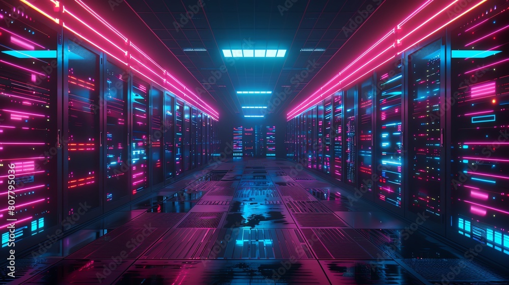 Aufkleber a neon-lit server room under black light, showing a 3d landscape of server racks with dynamic lighti