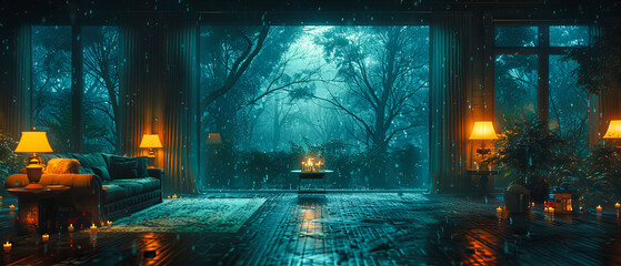 Enchanted Forest at Night, Mysterious and Foggy Woods with Magical Light, Fantasy or Horror Themed Landscape