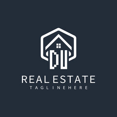 DU initial monogram logo for real estate with home shape creative design.