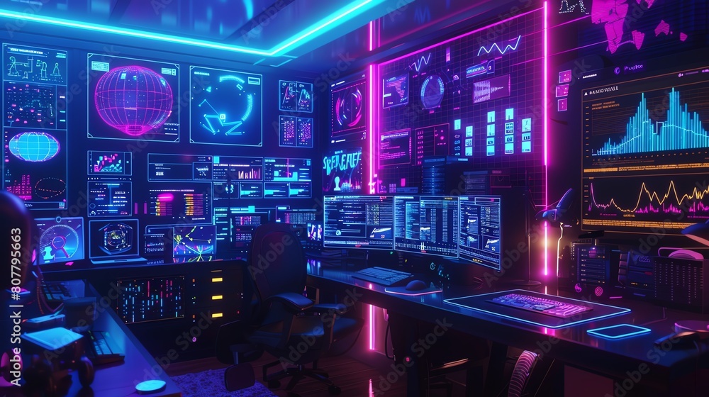 Poster a scene depicting a tech advocate's home office, bathed in neon light under a black light, featuring