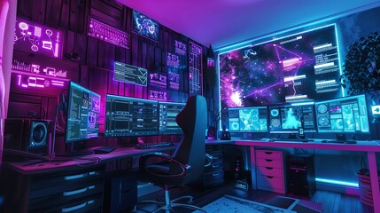 A scene depicting a tech advocate's home office, bathed in neon light under a black light, featuring 3D computer interfaces and dynamic network visualizations on the walls, all in