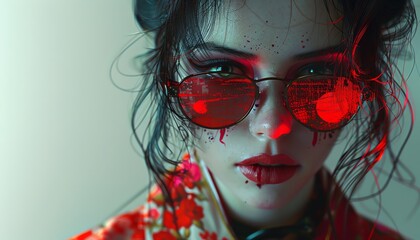 Illustrate a fashion model in a photorealistic digital rendering wearing a horror-themed outfit from a wide-angle view with glitch art effects for a spooky twist