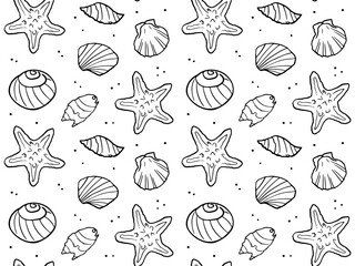Doodle seashell seamless pattern. Vector background of tropical sea and ocean elements, shells, starfish. Doodles of marine life.