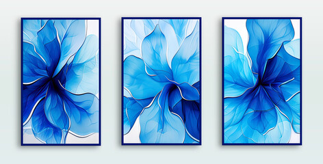 Set of three floral watercolor paintings canvases in blue color. Plant art design. Illustration