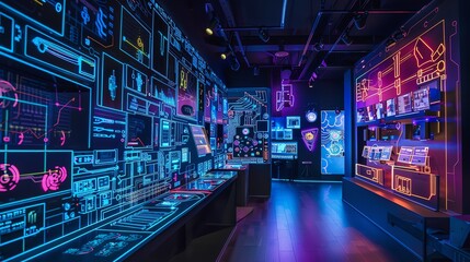 A tech workshop with tools glowing in neon colors, under a black light