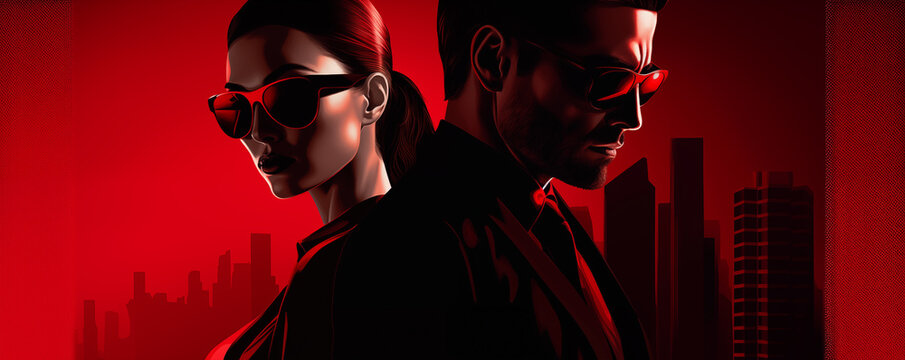 Cool man and woman with sunglasses on dark background, poster or wallpaper, generated ai
